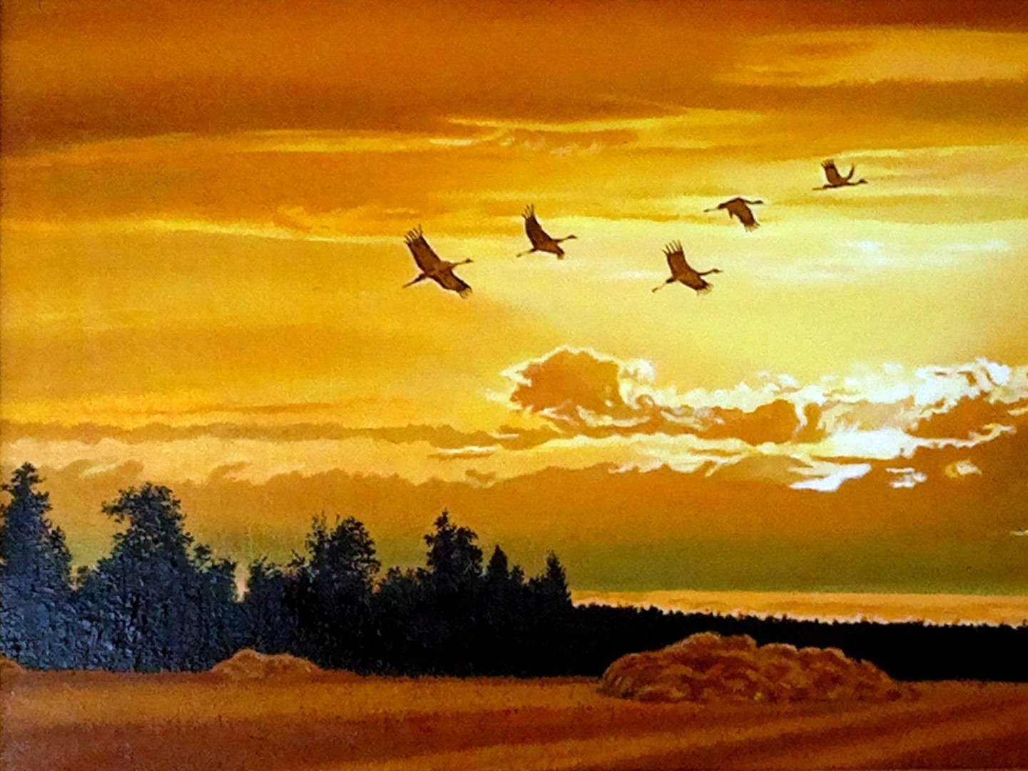 Птицы улетают осенью песня. Картина журавлиный Клин. Журавлиный Клин живопись. Журавлиный Клин в небе живопись. Перелётные птицы журавлиный Клин.