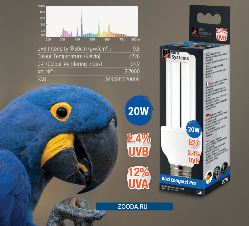 Ультрафиолетовая лампа для птиц Arcadia е27 20w Compact Bird Lamp