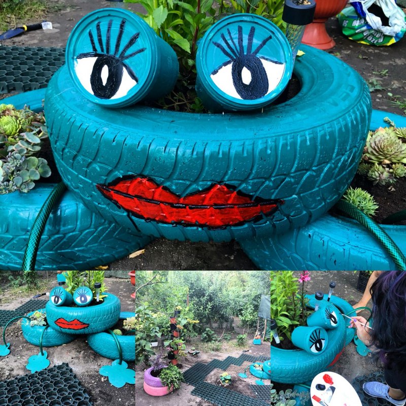 Фигурки из покрышек для сада