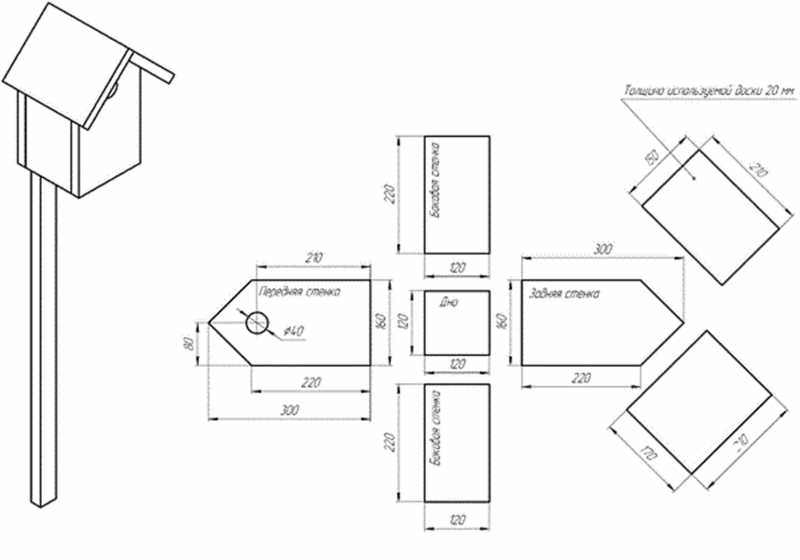 Размеры скворечника для скворцов чертеж