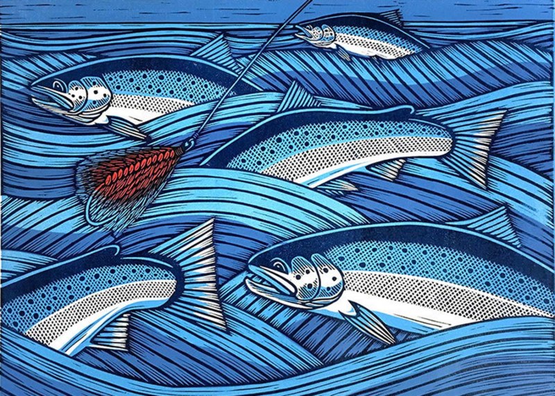 Гравюра рыбы цветная