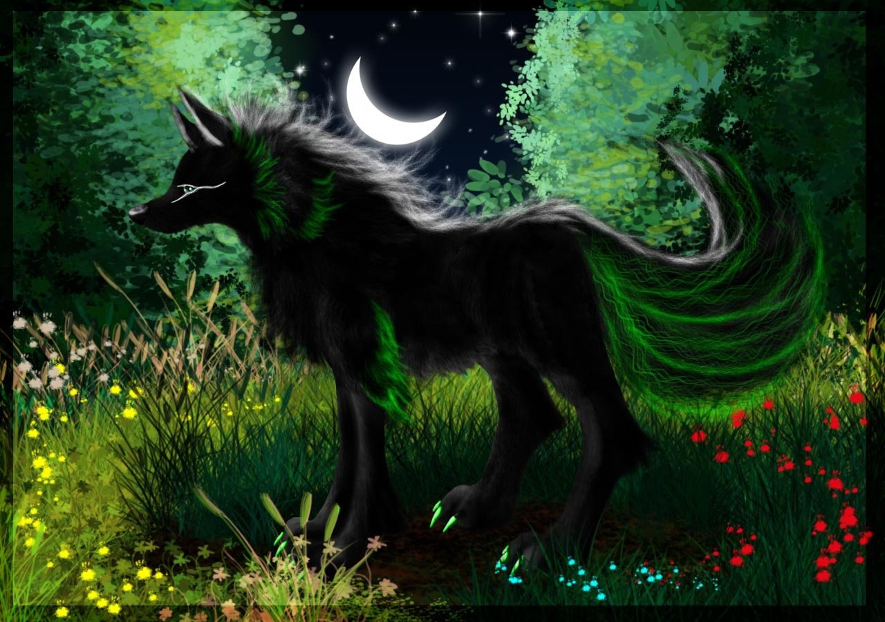 Легендарный лис. Зеленая Кицунэ. Волшебные волки. Мистические волки. Волк фэнтези.