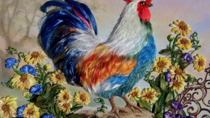 Вышивка лентами птицы на ветке